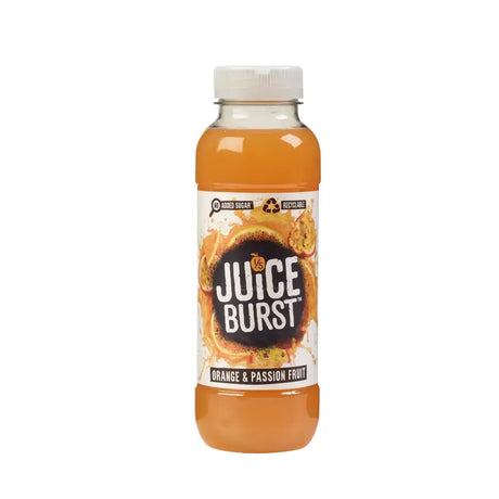 A clear plastic bottle of juice burst orange passion fruit juice with white cap filled with vibrant orange liquid