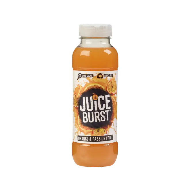 A clear plastic bottle of juice burst orange and passion fruit juice with vibrant orange liquid and a white cap