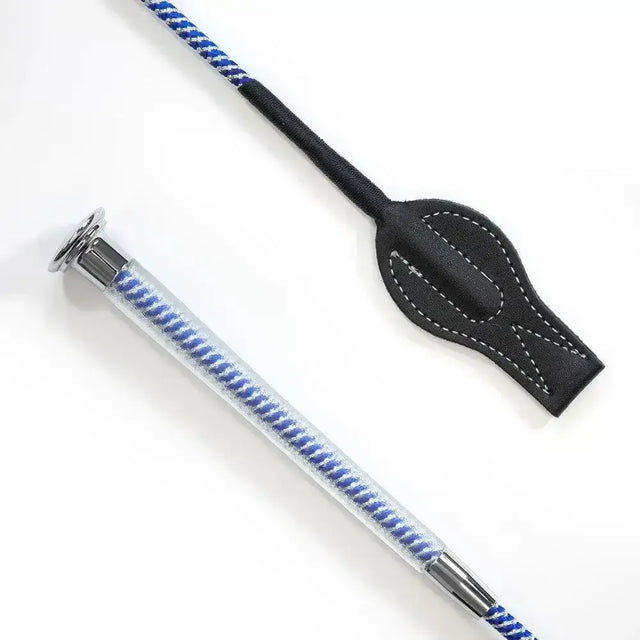 Junior cush grip whip in royal blue with blue and white braided rope and black leather handle with white stitching
