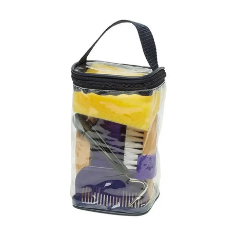 Clear plastic junior grooming bag with black zipper, yellow sponge, purple brush, wooden horse grooming combs, and metal tool