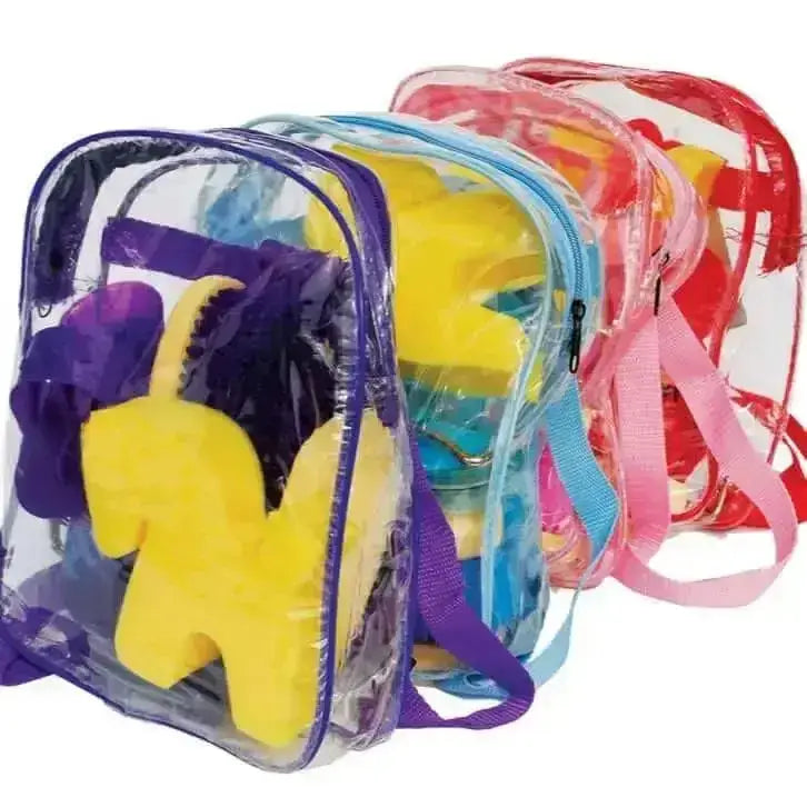 Transparent junior grooming kit backpack with colorful zipper and strap featuring a yellow foam dinosaur inside