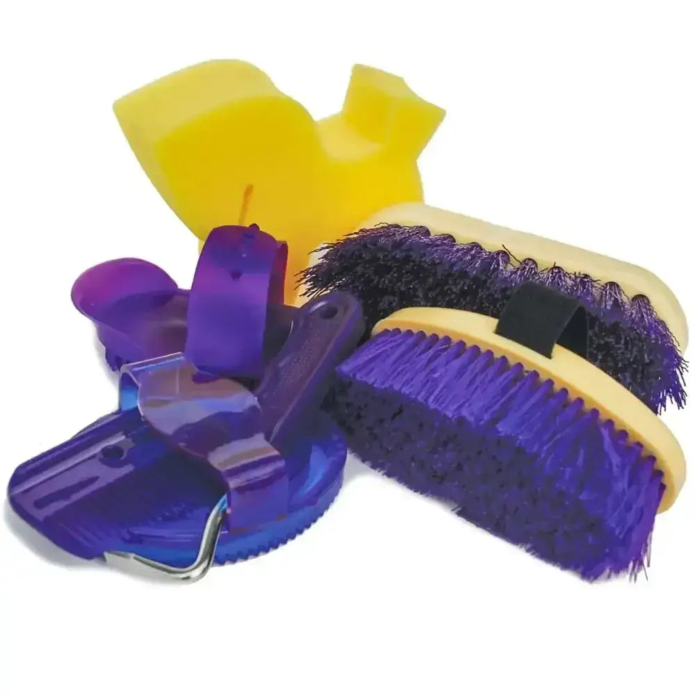 Junior grooming kit backpack with purple and yellow plastic handled horse brushes for junior sized grooming use