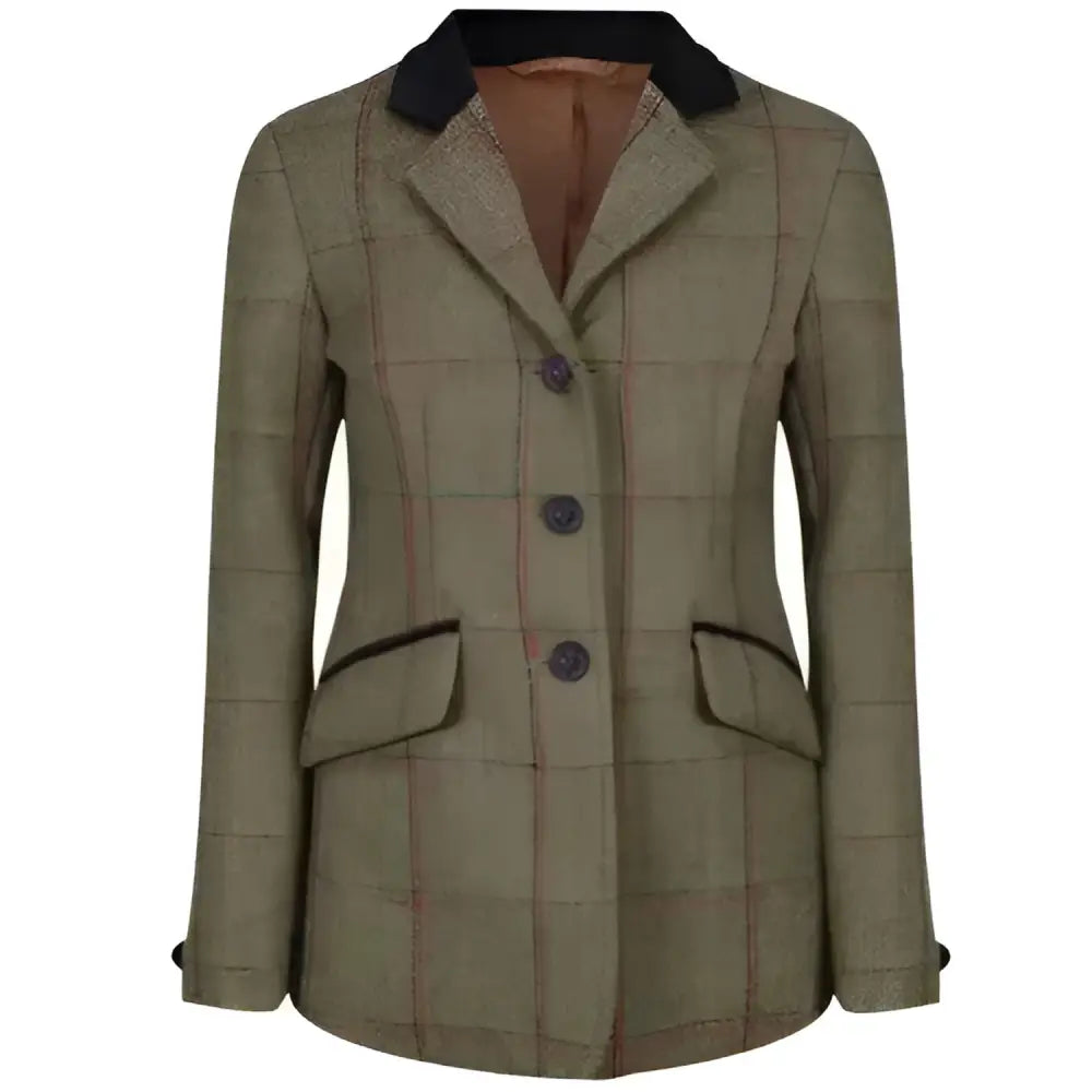 Olive green junior launton deluxe tweed riding jacket with black collar and brown inner lining