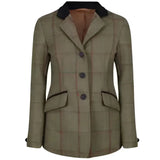 Olive green junior launton deluxe tweed riding jacket with black collar and brown inner lining