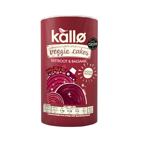 A cylindrical red container of kallo beetroot balsamic veggie cake featuring beet slices and vegan gluten free labels