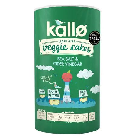Green cylindrical container of kallo sea salt and vinegar veggie cakes with lentil pea flavor and cartoon lighthouse design