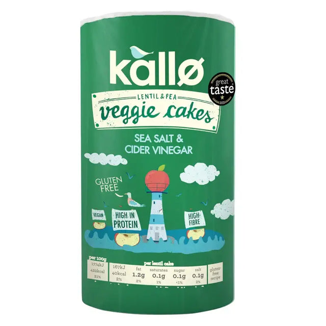 Green cylindrical container of kallo sea salt and vinegar veggie cakes with lentil pea flavor and cartoon lighthouse design
