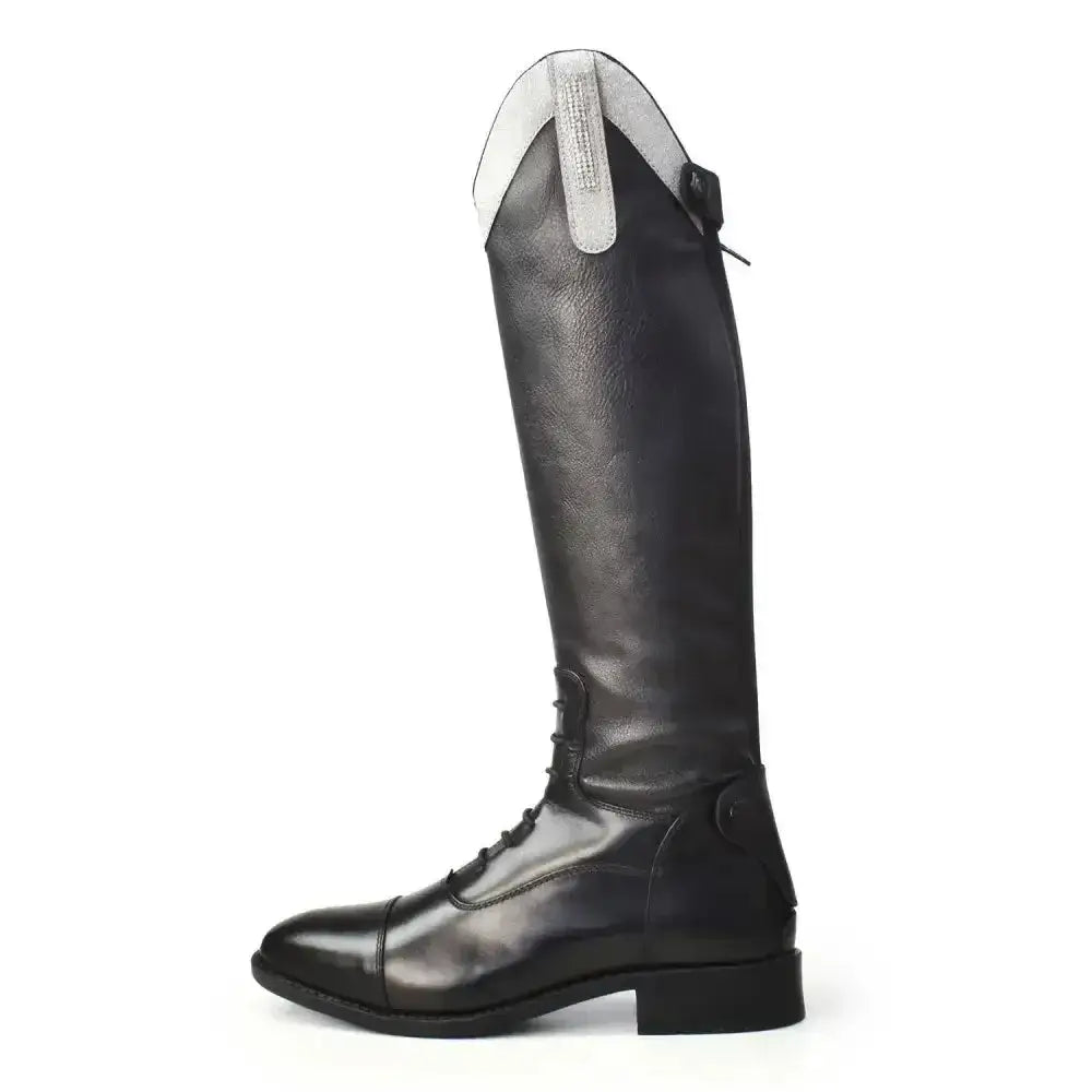 Black leather riding boot with silver zipper pull and decorative stitching from kb44 kids como piccino silver collection