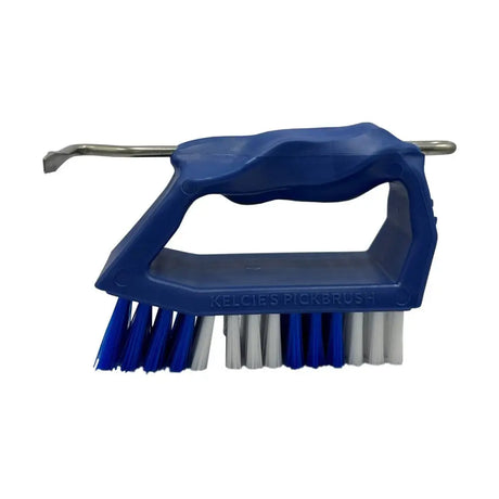 Blue plastic-handled kelcie’s pickbrush with blue and white bristles and metal pick for horse grooming and hoof cleaning