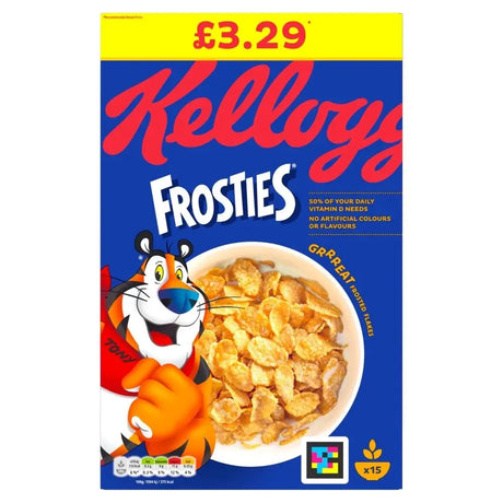 A vibrant blue box of kelloggs frosties cereal with tony the tiger and a bowl of golden frosted flakes for equestrian fans
