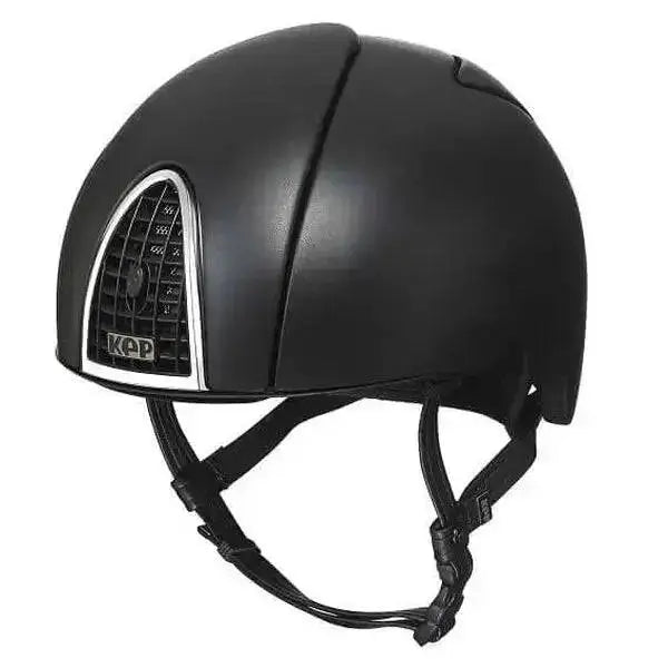 Black kep cromo 2 jockey skull helmet with unique textured surface and silver-accented grille for eventing riders