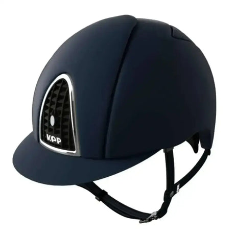 Dark navy kep riding hats cromo textile blue equestrian helmet with sleek finish and silver chrome grill ventilation