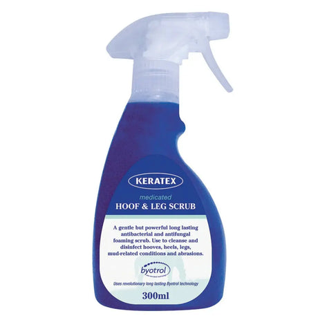 Blue keratex cleansing hoof plastic spray bottle with trigger spray for horses wet muddy hooves 300ml capacity