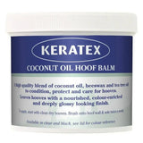 White plastic container of keratex coconut oil healthy hoof balm with a blue and silver label premium blend