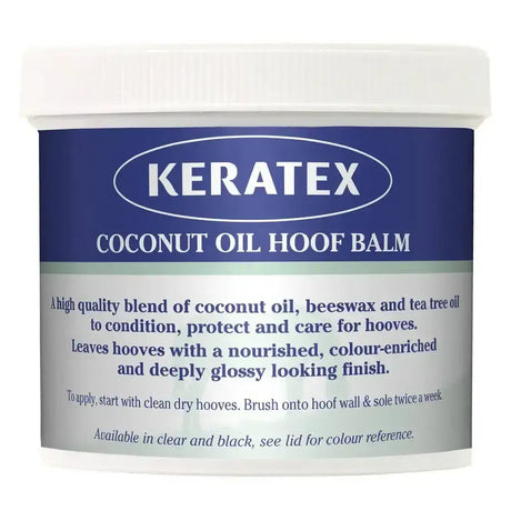 White plastic container of keratex coconut oil healthy hoof balm with blue and silver label premium blend