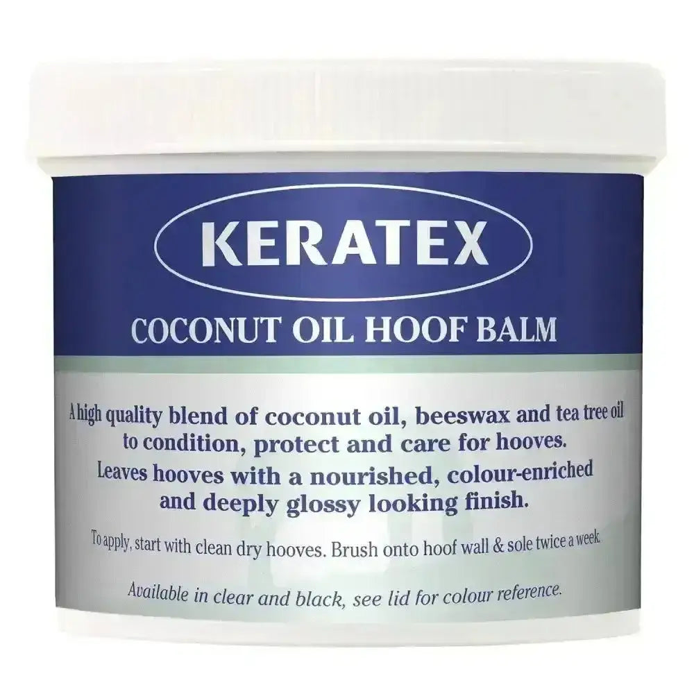 White plastic container with blue and silver keratex coconut oil label for healthy premium blend hoof balm