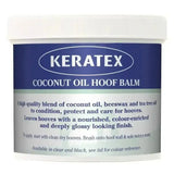 White plastic container with blue and silver keratex coconut oil label for healthy premium blend hoof balm
