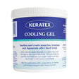 Keratex cooling gel container with blue and white label and ribbed white lid for soothing muscles and leg care
