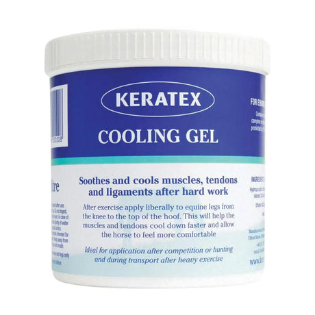 Keratex cooling gel container with blue and white label and ribbed white lid for soothing muscles and leg care
