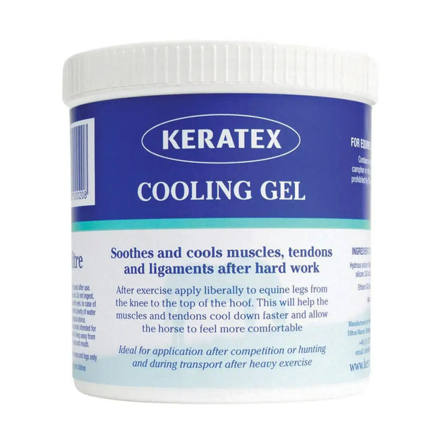 Keratex cooling gel container with blue and white label and ribbed white lid for soothing muscles and leg care