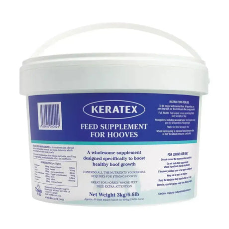 White plastic bucket with blue keratex feed supplement label showing palatable blend for healthy hooves