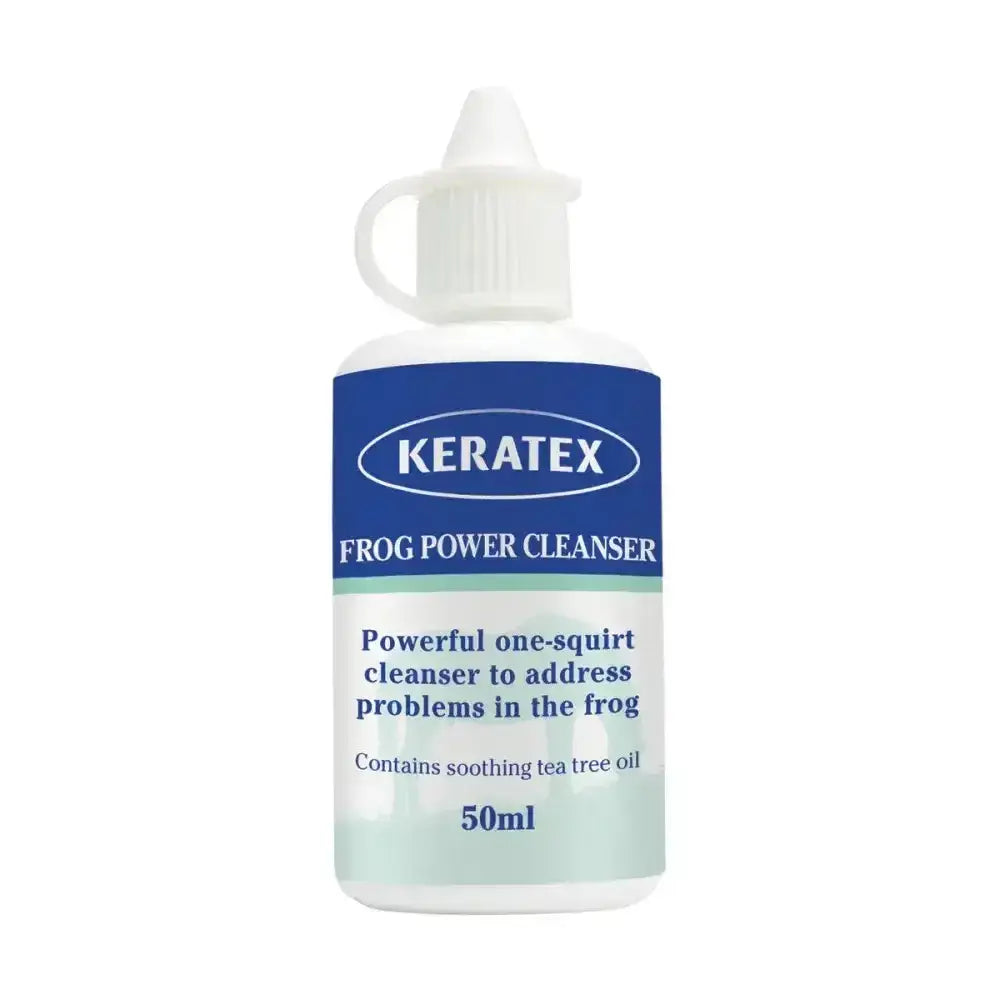 White plastic bottle with blue and light green label keratex frog power cleanser with white squeeze nozzle and disinfectant formula