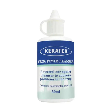White plastic bottle with blue and light green label keratex frog power cleanser with white squeeze nozzle and disinfectant formula