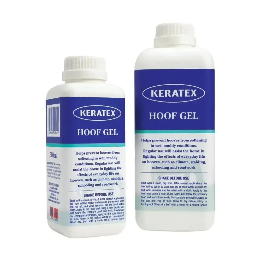 White plastic bottle of keratex hoof gel with blue teal label for breathable application on hoof capsule including frogs