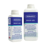 White plastic bottle of keratex hoof gel with blue teal label for breathable application on hoof capsule including frogs