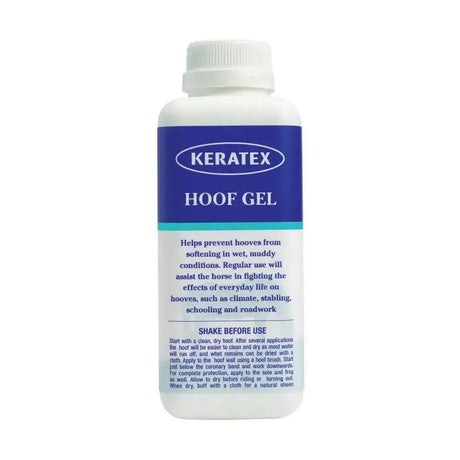 White plastic bottle of keratex hoof gel with blue label and white cap for breathable application on hoof capsule including frogs