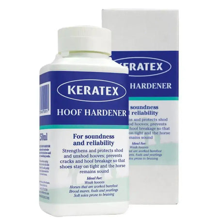 White plastic bottle of keratex hoof hardener with blue and teal labeling featuring unique flexibility agent formula