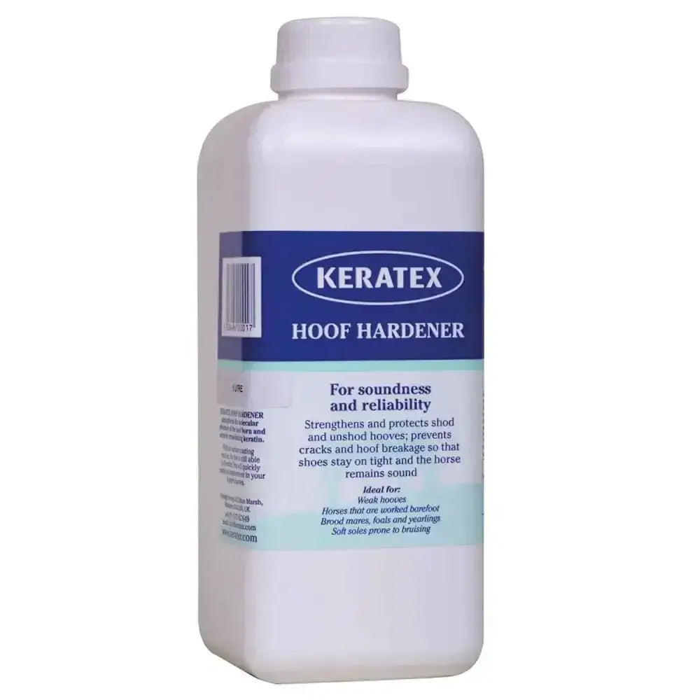 White plastic bottle of keratex hoof hardener with blue and light green label featuring unique flexibility agent hoof hardener formula