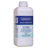 White plastic bottle of keratex hoof hardener with blue and light green label featuring unique flexibility agent hoof hardener formula