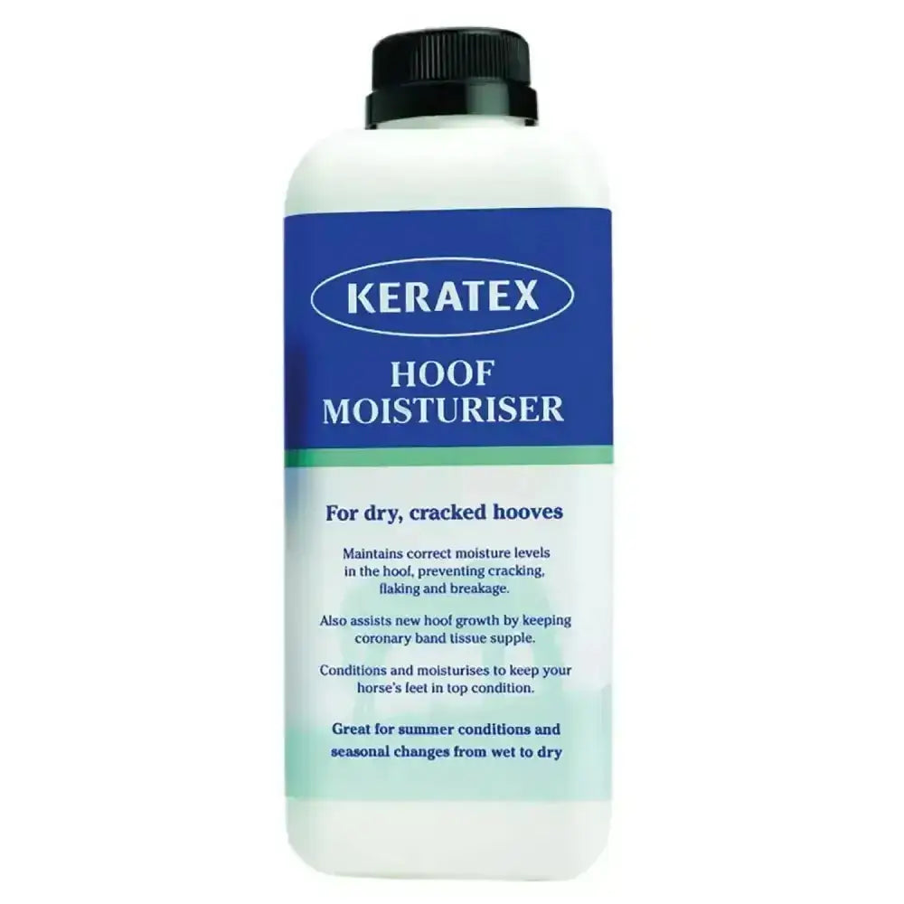 White plastic bottle with black cap and blue keratex hoof moisturiser label to address dehydrated brittle hooves and restore natural health