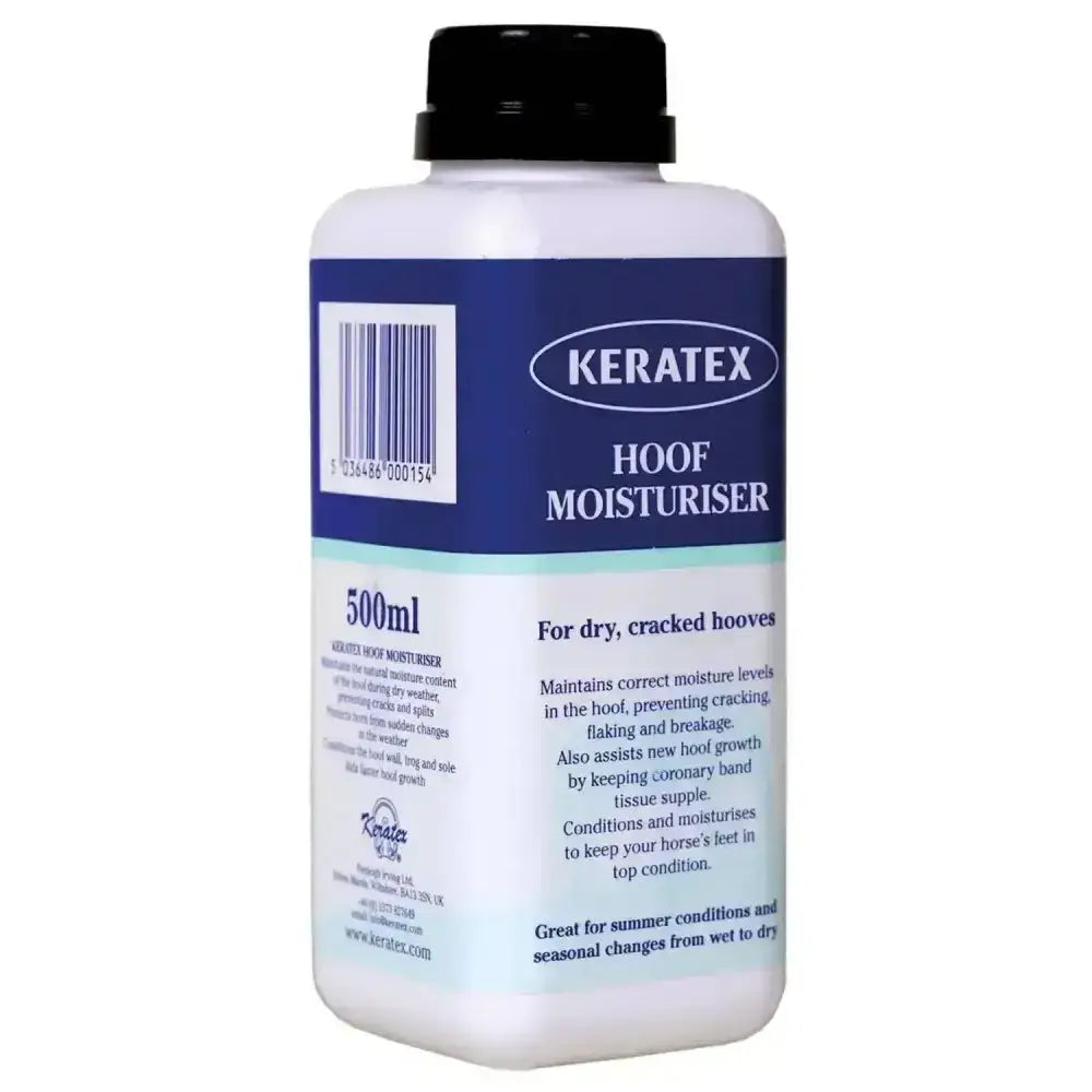 White plastic bottle with black cap and blue keratex hoof moisturiser label to restore natural health of brittle hooves