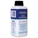 White plastic bottle with black cap and blue keratex hoof moisturiser label to restore natural health of brittle hooves