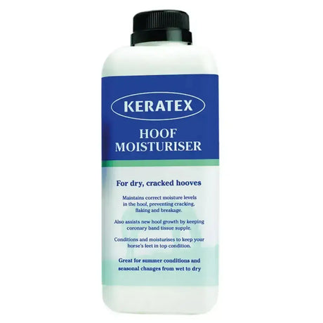 White plastic bottle with black cap and blue label keratex hoof moisturiser to restore natural health and address dehydrated brittle hooves
