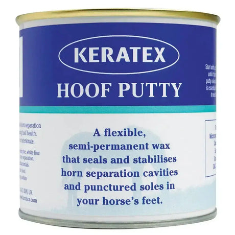 Blue and white metal can of keratex hoof putty flexible semi permanent wax for horse hoof care product keratex hoof putty