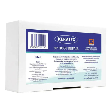 White rectangular box of keratex hoof repair 3p kit 50ml for repair missing horn in equine hoof repair kit
