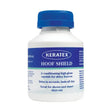 White keratex hoof shield plastic bottle with blue cap and label for clear varnish-like finish and hoof shine