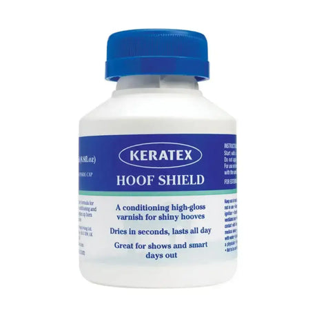 White keratex hoof shield plastic bottle with blue cap and label for clear varnish-like finish and hoof shine