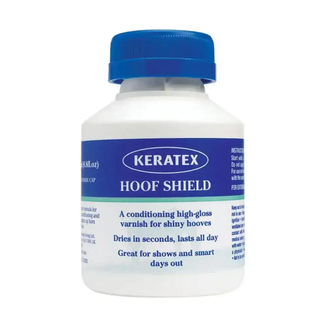 White keratex hoof shield plastic bottle with blue cap and label for clear varnish-like finish and hoof shine