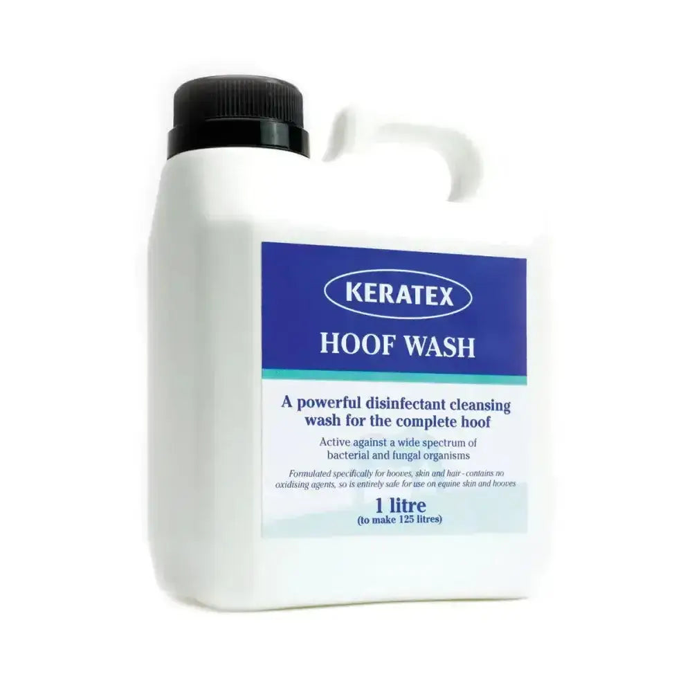 White plastic jug with black cap and handle labeled keratex hoof soak an effective disinfectant for hoof care