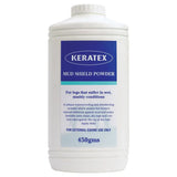White plastic bottle of keratex mud shield powder 450gms to coat equine legs and protect from mud