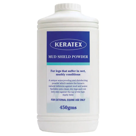White plastic bottle of keratex mud shield powder 450gms to coat equine legs and protect from mud