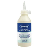 A 200ml white plastic bottle of keratex nail hole damage repair with a blue label and pointed nozzle for hole damage repairs