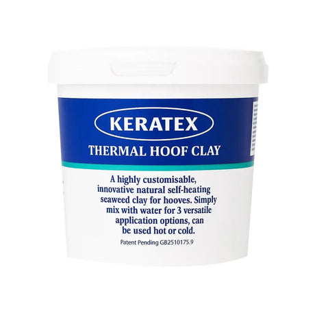 White plastic container of keratex thermal hoof clay with blue teal label for hoof clay and white line care