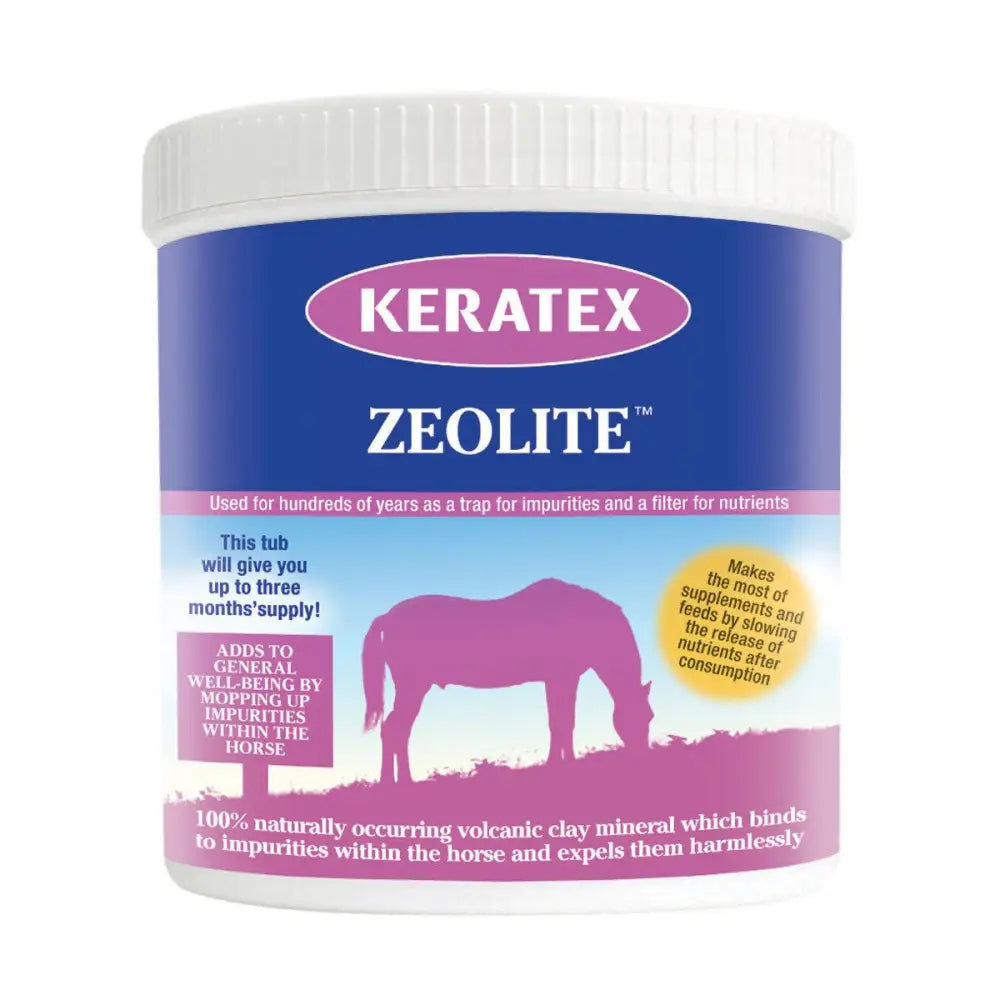 Keratex zeolite supplement in a white plastic tub with blue and pink labeling for horse’s digestive gut balancers