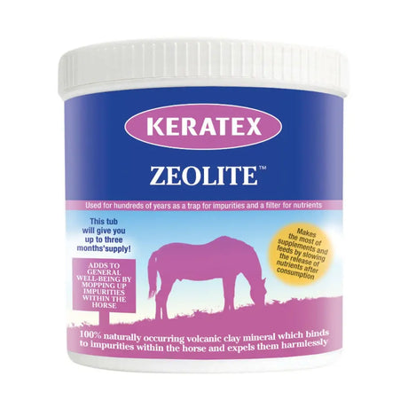 Keratex zeolite supplement in a white plastic tub with blue and pink labeling for horse’s digestive gut balancers