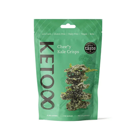 A vibrant green pouch of keto 8 chee y kale crisps with a bold black logo and crispy kale snack image